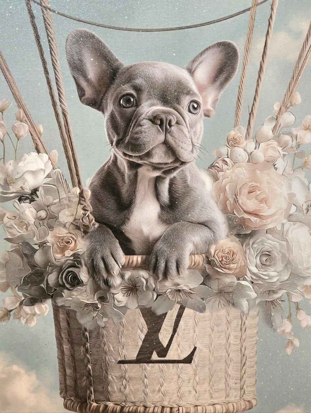 Louis Vuitton French Bulldog Floral Hot Air Balloon Canvas Wall Art - New